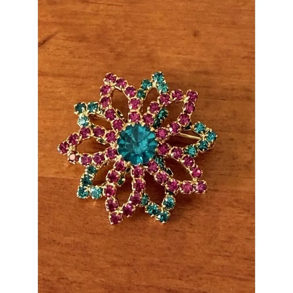 Vintage Style Rhinestone Flower Brooch Teal Pink Gold Tone Starburst Floral Pin